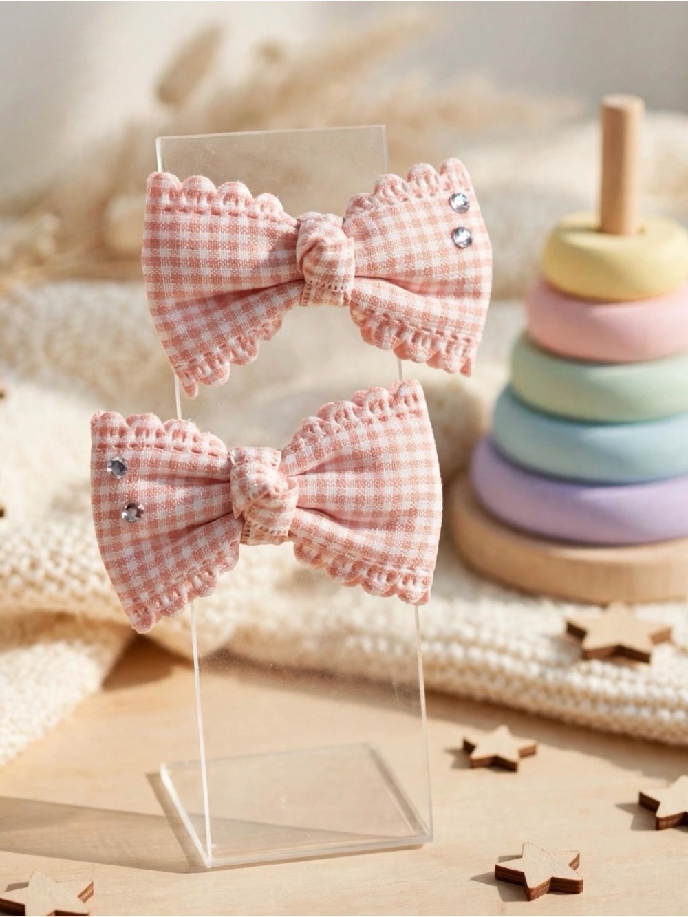 Pink Gingham Bow Hair Clips for Kids - Set of 2